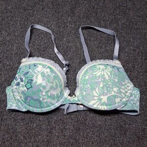 * Lily of France Bra Womens Size 34 A Blue Floral Print Push Up Padded